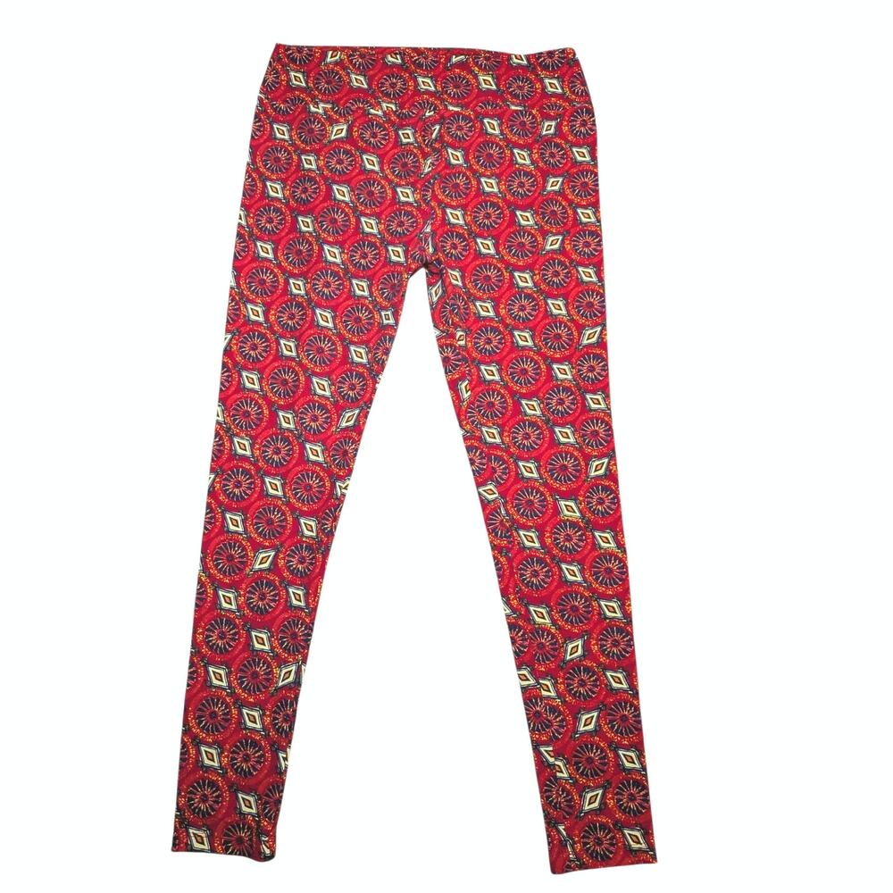 LuLaRoe Tall & Curvy TC Leggings Red Geometric Mandala Medallion Print EUC